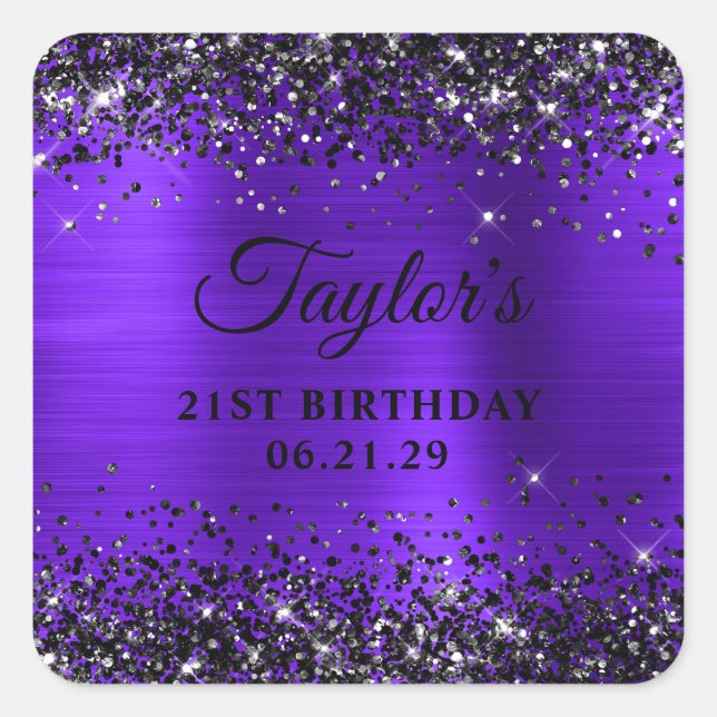 Pegatina Cuadrada Black Glitter Violet Foil 21st Birthday (Anverso)