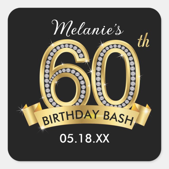 Pegatina Cuadrada Black & Gold 60th Birthday Stickers (Anverso)
