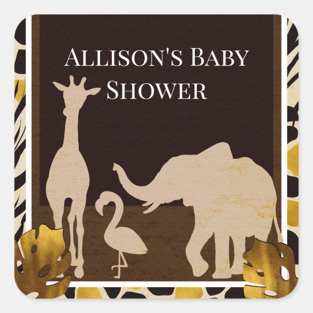 Pegatina Cuadrada Black Gold Brown Zoo Animals Safari Print Fiesta (Anverso)