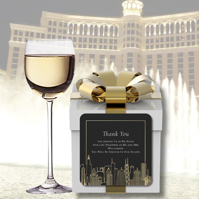 Pegatina Cuadrada Black Gold Elegant Las Vegas Skyline Thank You (Subido por el creador)