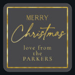 Pegatina Cuadrada Black Gold Merry Christmas ID1009<br><div class="desc">Si se preguntan qué combinaciones de colores elegir para la decoración de sus Navidades y los suministros de envoltura de regalos este año, he creado colecciones de patrones de coordinación para hacer la vida un poco más fácil. Este pegatina de 'Feliz Navidad' presenta un fondo negro mate y un texto...</div>