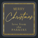 Pegatina Cuadrada Black Gold Merry Christmas ID1009<br><div class="desc">Si se preguntan qué combinaciones de colores elegir para la decoración de sus Navidades y los suministros de envoltura de regalos este año, he creado colecciones de patrones de coordinación para hacer la vida un poco más fácil. Este pegatina de 'Feliz Navidad' presenta un fondo negro mate y un texto...</div>