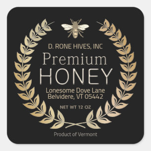 Pegatina Cuadrada Black Honey Label Heraldic Bee Gold Laurel Wreath