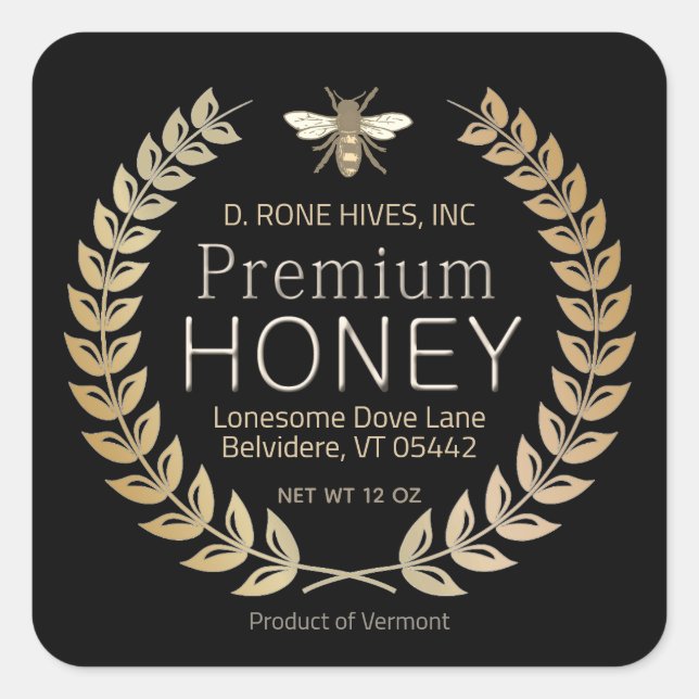 Pegatina Cuadrada Black Honey Label Heraldic Bee Gold Laurel Wreath (Anverso)