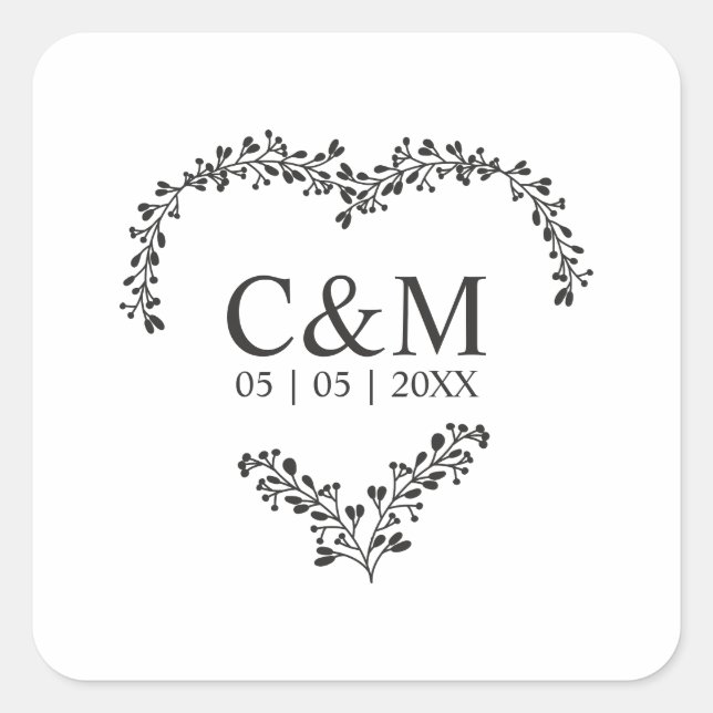 Pegatina Cuadrada Black Initial On a Branches Heart (Anverso)