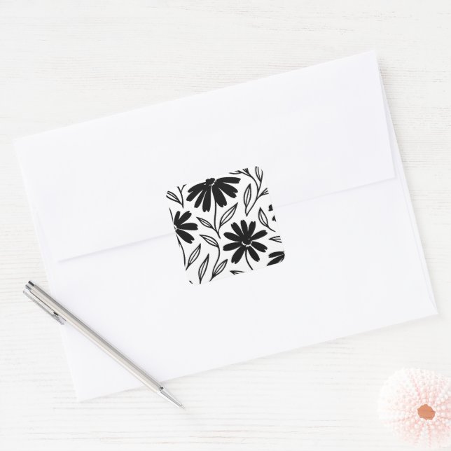 Pegatina Cuadrada Black Ink Daisies Boho Bridal Shower (Sobre)