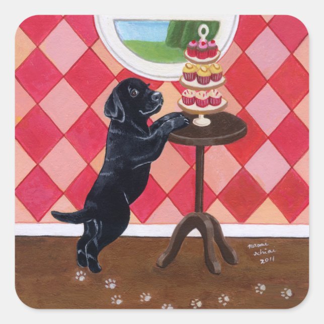 Pegatina Cuadrada Black Lab Puppy con pintura de Cupcakes (Anverso)