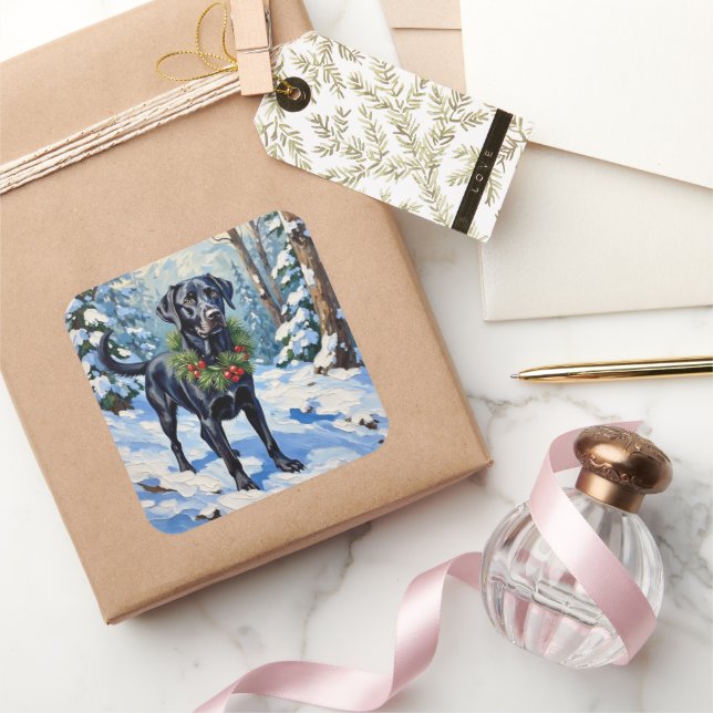 Pegatina Cuadrada Black Lab Serene Winter Forest Christmas Holiday (Regalar)