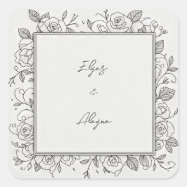 Pegatina Cuadrada Black Line Minimalist Rose Frame Wedding