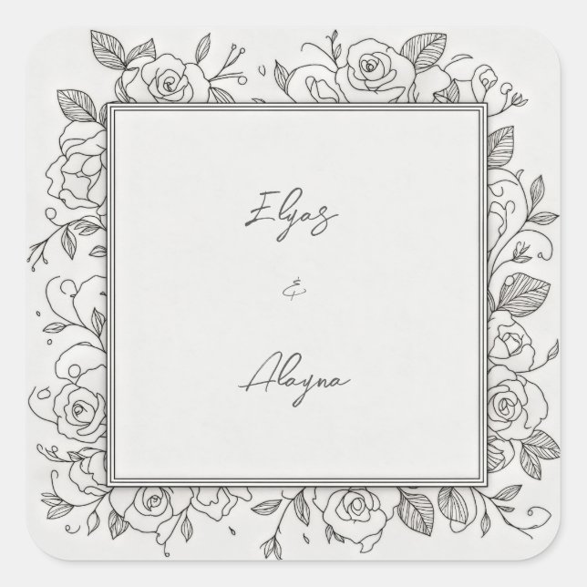 Pegatina Cuadrada Black Line Minimalist Rose Frame Wedding (Anverso)
