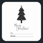 Pegatina Cuadrada Black Merry Christmas Tree Gold Star<br><div class="desc">Hermoso y elegante pegatina negro y blanco de Feliz Navidad con un minimalista árbol de Navidad dibujado a mano que tiene una minúscula estrella dorada. Así que bonito y perfecta para los que aman el guión escrito a mano. Vea la coordinación de artículos en nuestra tienda. Nota: coincide con nuestro...</div>