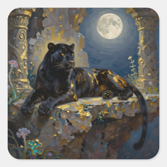 Pegatina Cuadrada Black Panther under the Full Moon (Anverso)