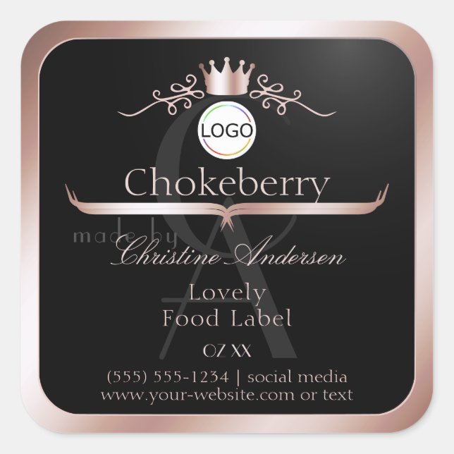 Pegatina Cuadrada Black Product Label Rose Gold Frame Logo Monogram (Anverso)
