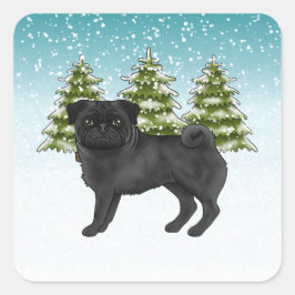 Pegatina Cuadrada Black Pug Cute Cartoon Dog Snowley Winter Forest