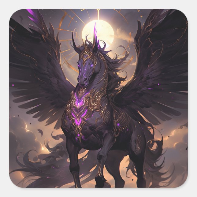 Pegatina Cuadrada Black Purple Unicorn Fantasy Art (Anverso)