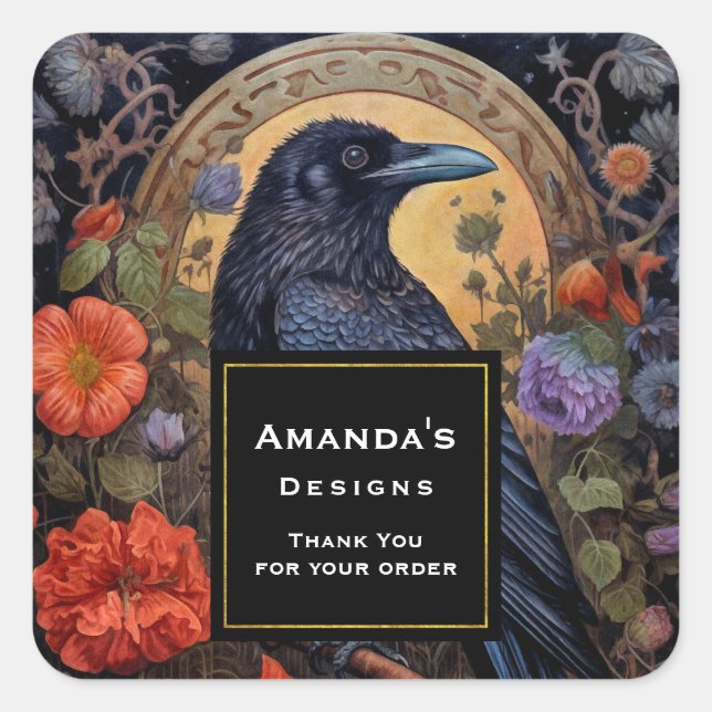 Pegatina Cuadrada Black Raven Dark Gothic Gracias Por Negocios (Anverso)