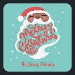 Pegatina Cuadrada Black Santa Merry Christmas All, Family Name, Blue<br><div class="desc">Papá Noel negro con espárragos y Feliz Navidad con todas las letras de tu nombre familiar con fondo azul.</div>