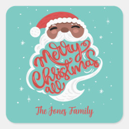 Pegatina Cuadrada Black Santa Merry Christmas All, Family Name, Blue