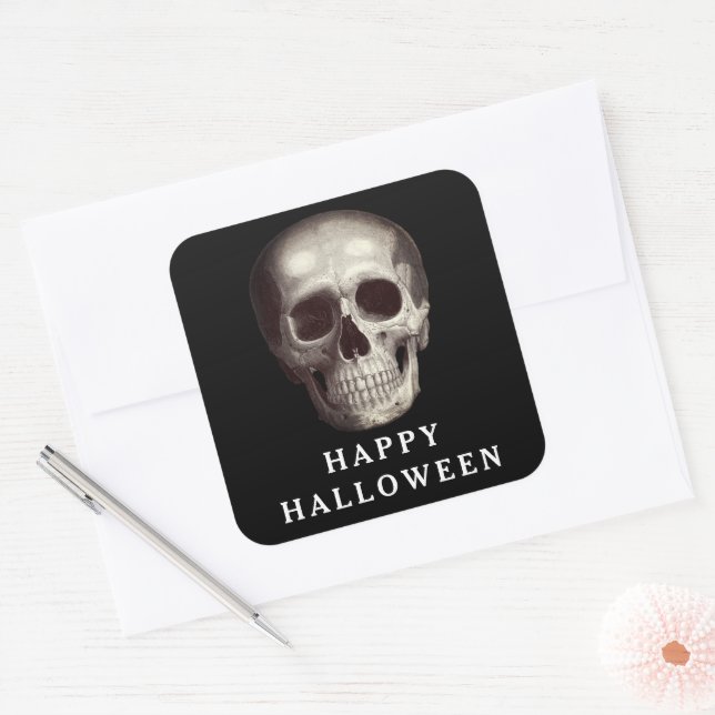 Pegatina Cuadrada Black Scary Skull Happy Halloween (Sobre)