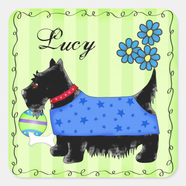 Pegatina Cuadrada Black Scottie Terrier Dog Name Personalized Green (Anverso)