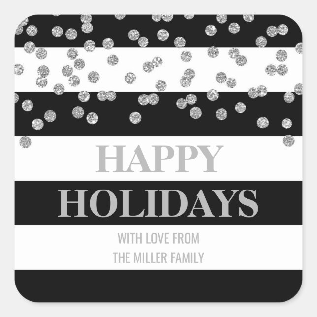 Pegatina Cuadrada Black Stripe Silver Confetti Happy Holidays Person (Anverso)
