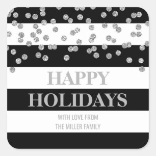 Pegatina Cuadrada Black Stripe Silver Confetti Happy Holidays Person