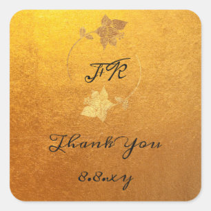 Pegatina Cuadrada Black Thank You Monogram Gold Flower Save Date