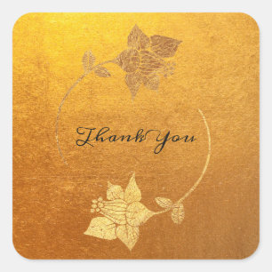 Pegatina Cuadrada Black Thank You Monogram Gold Kraft Floral Wreath