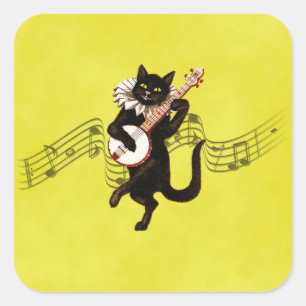 Pegatina Cuadrada Black Vintage Cat jugando banjo en notas musicales