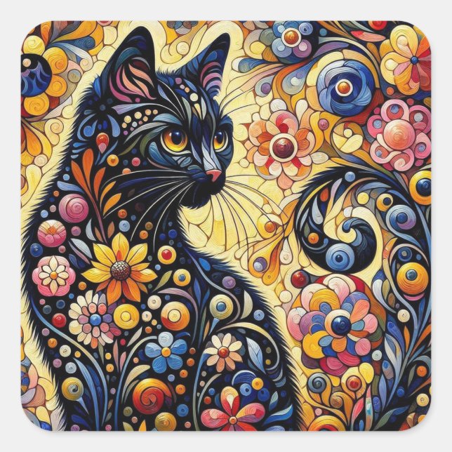 Pegatina Cuadrada Black Whimsical Cat Resumen Arte de pintura floral (Anverso)