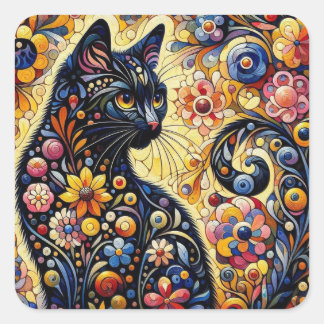 Pegatina Cuadrada Black Whimsical Cat Resumen Arte de pintura floral