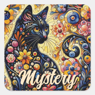 Pegatina Cuadrada Black Whimsical Cat Resumen Arte de pintura floral