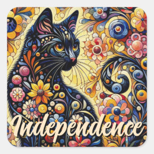 Pegatina Cuadrada Black Whimsical Cat Resumen Arte de pintura floral