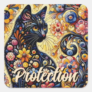 Pegatina Cuadrada Black Whimsical Cat Resumen Arte de pintura floral