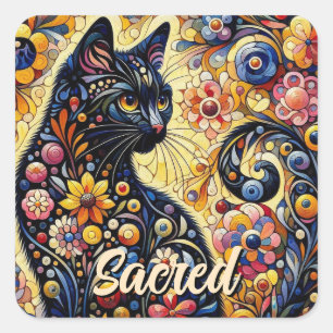 Pegatina Cuadrada Black Whimsical Cat Resumen Arte de pintura floral