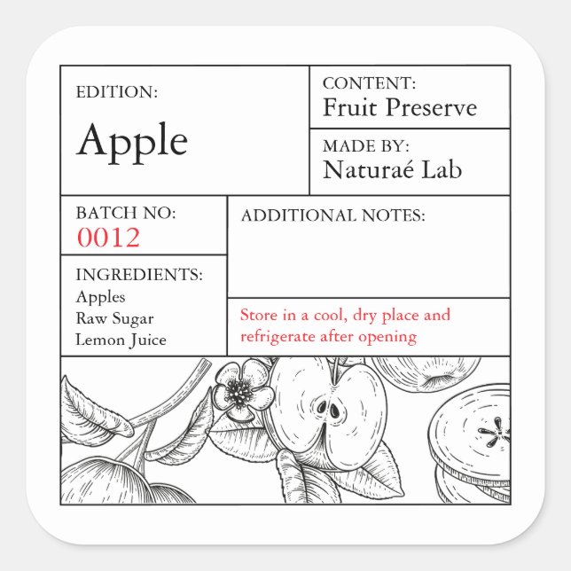 Pegatina Cuadrada Black & White Apothecary Apple label (Anverso)