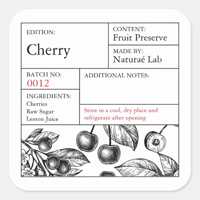 Pegatina Cuadrada Black & White Apothecary Cherry label (Anverso)