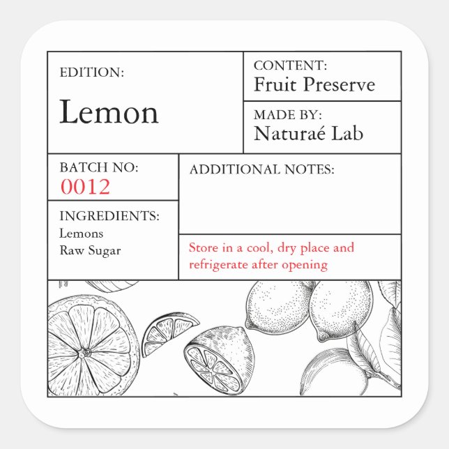 Pegatina Cuadrada Black & White Apothecary Lemon label (Anverso)