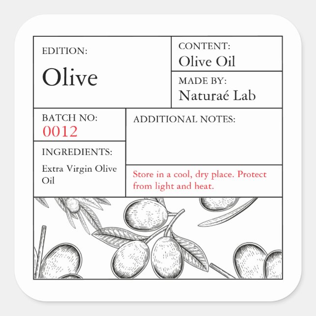 Pegatina Cuadrada Black & White Apothecary Olive label (Anverso)