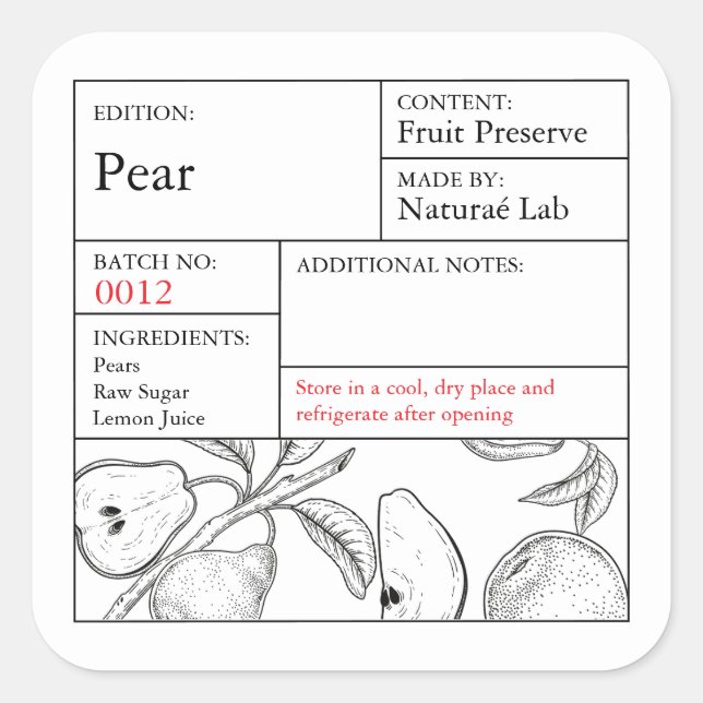 Pegatina Cuadrada Black & White Apothecary Pear label (Anverso)