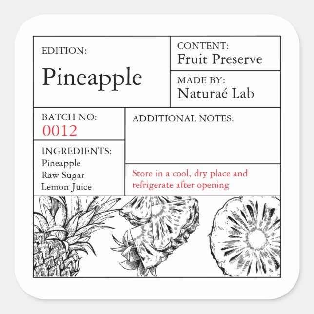 Pegatina Cuadrada Black & White Apothecary Pineapple label (Anverso)