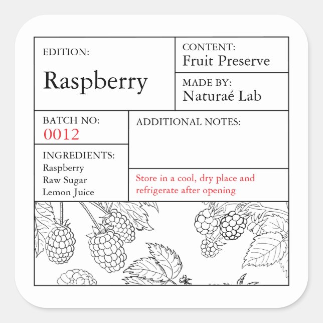 Pegatina Cuadrada Black & White Apothecary Raspberry label (Anverso)
