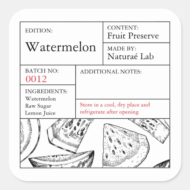 Pegatina Cuadrada Black & White Apothecary Watermelon label (Anverso)