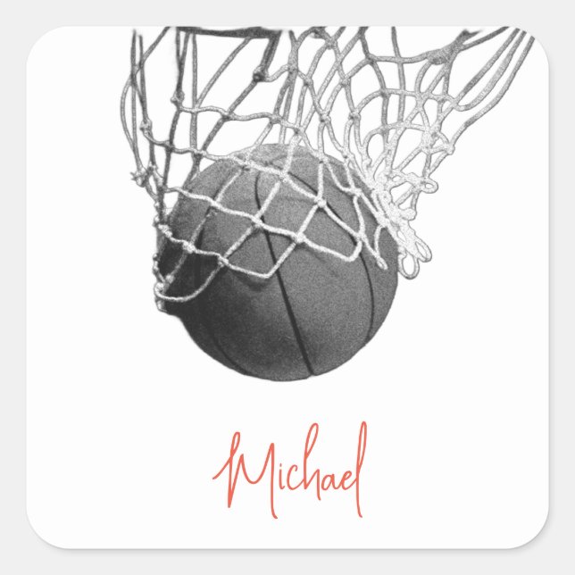 Pegatina Cuadrada Black & White Basketball Ball & Net Your Name (Anverso)