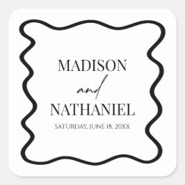 Pegatina Cuadrada Black White Elegant Wavy Border Wedding