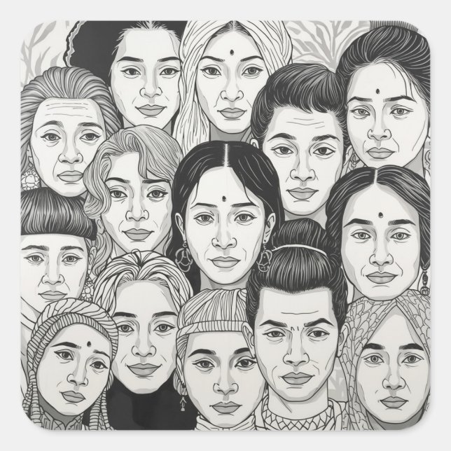 Pegatina Cuadrada Black & White Paintings Celebrating Diversity  (Anverso)