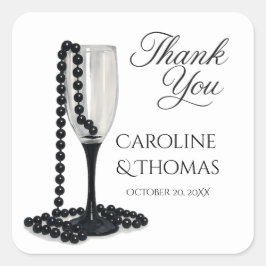 Pegatina Cuadrada Black & White Pearl Champagne Glass Wedding