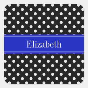 Pegatina Cuadrada Black White Polka Dots Royal Blue Name Monograma