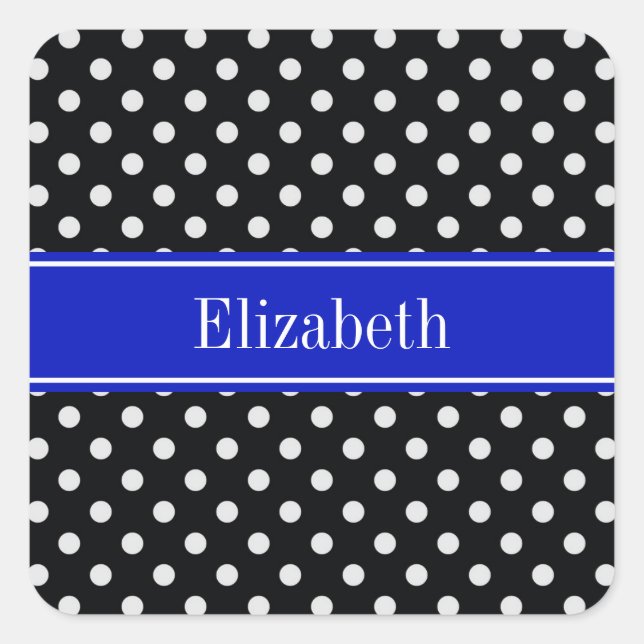 Pegatina Cuadrada Black White Polka Dots Royal Blue Name Monograma (Anverso)