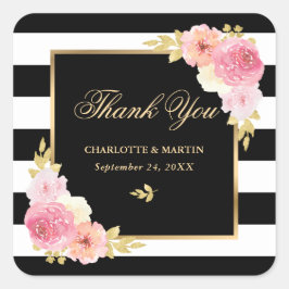 Pegatina Cuadrada Black White Stripes Gold Boda Floral Gracias